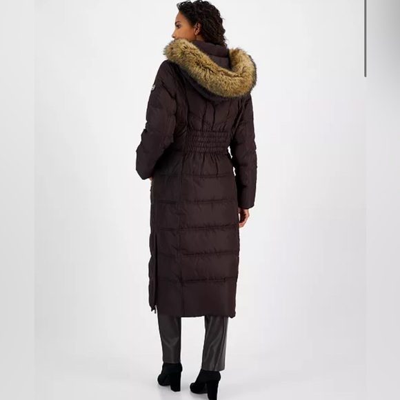 Michael Kors Faux-Fur Trim Hooded Maxi Puffer Coat in Brown - Picture 2 of 2